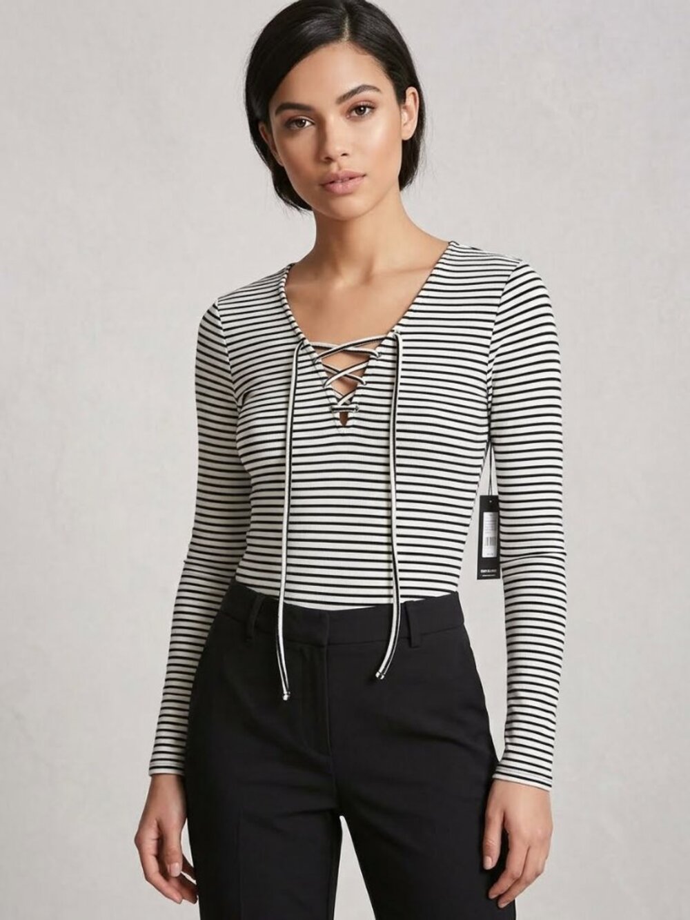 NWT Who What Wear Black & White Striped Lace-Up Long Sleeve Bodysuit XS